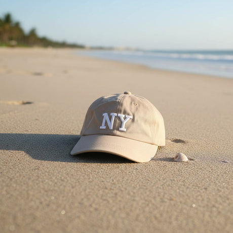 Beige embroidered cotton cap on a quiet beach with a small seashell
