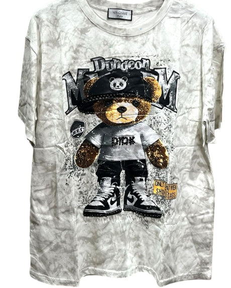 Oversized beige tie-dye tshirt with a graphic of a bear wearing a hat and lettering, and splatter details