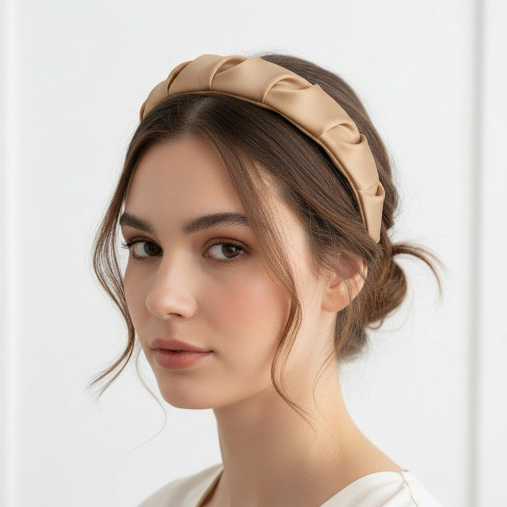 Beige padded headband styled with a low bun and loose face framing strands
