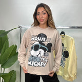 Front view of the beige sweatshirt with its sparkly Mickey Mouse and bold lettering