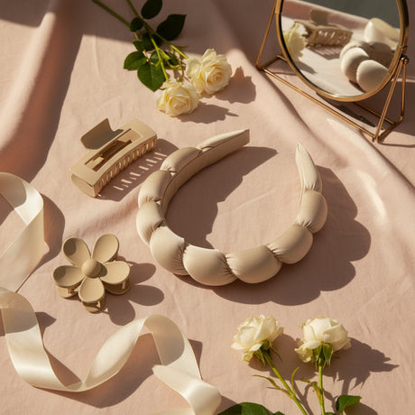 Beige puffy spa headband flatlay with claw clips, ribbon, roses and a mirror