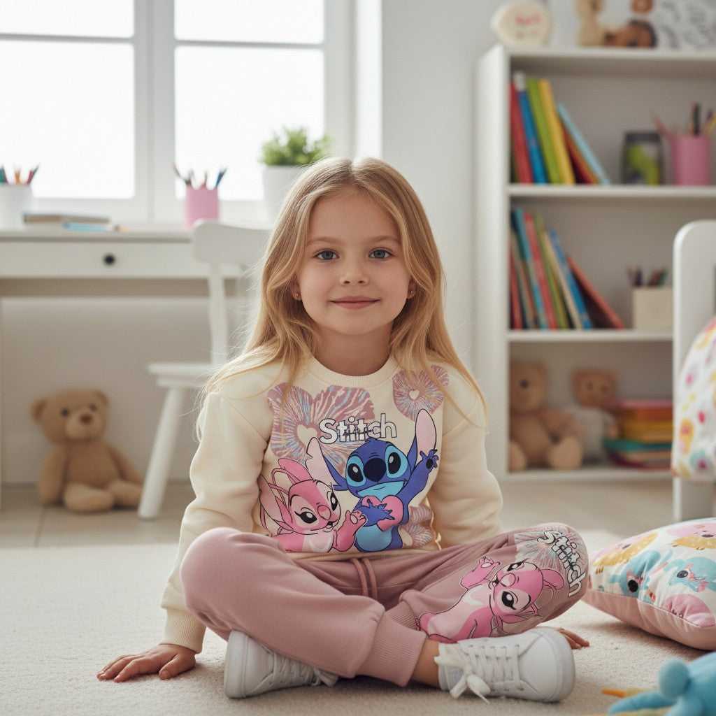 Girl sitting on the floor in a cream Stitch print sweatshirt and soft pink jogger pants