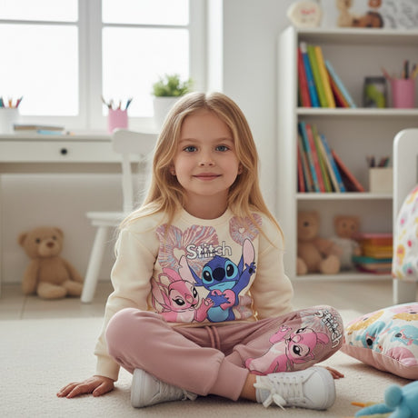 Girl sitting on the floor in a cream Stitch print sweatshirt and soft pink jogger pants