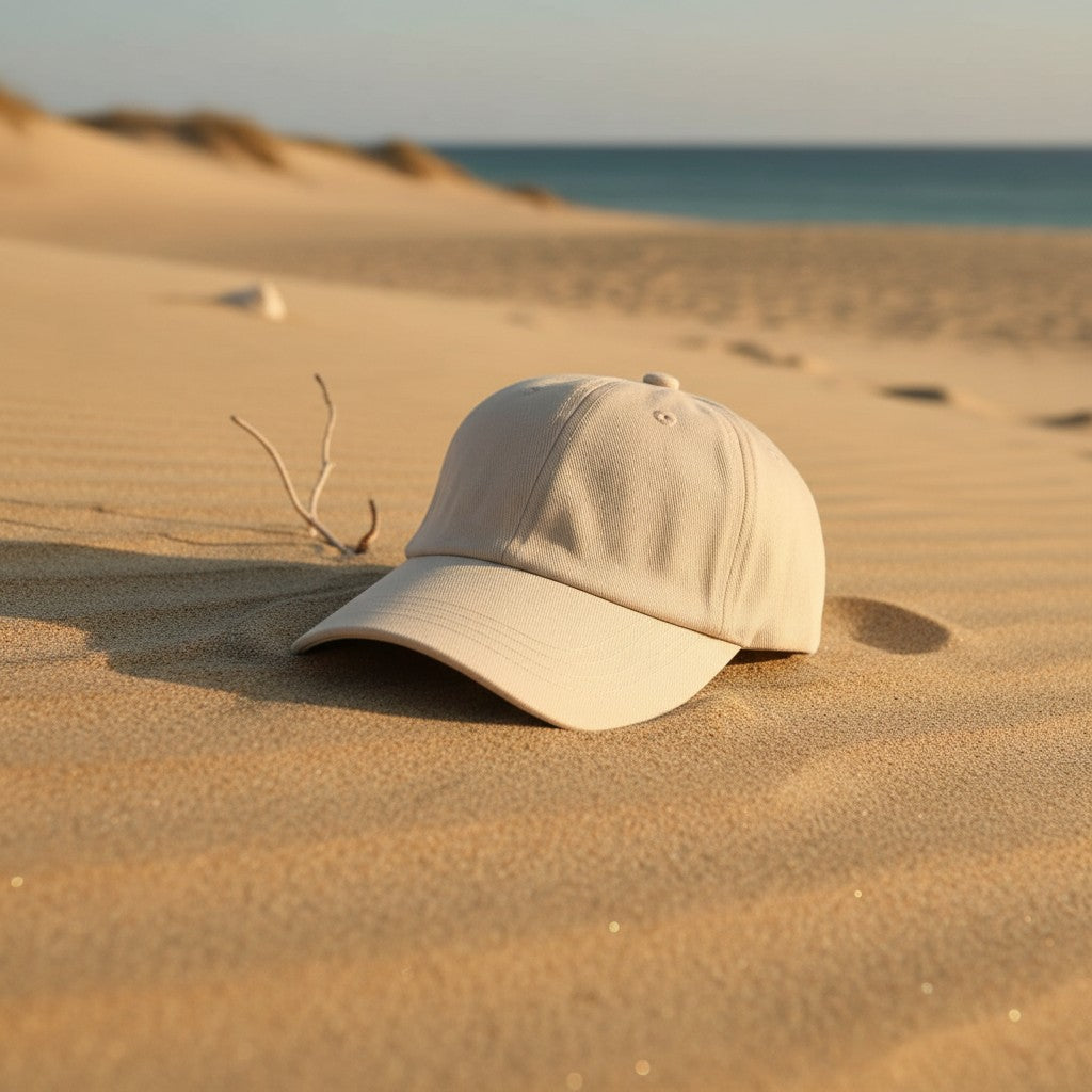 Cream cotton summer cap on smooth sand dunes with the sea behind