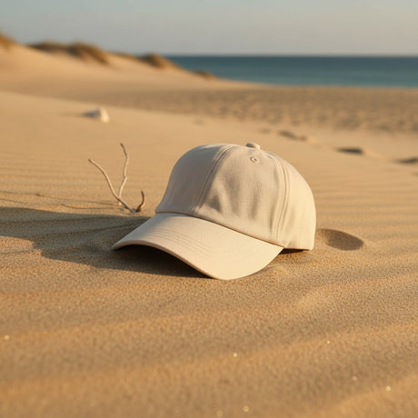 Cream cotton summer cap on smooth sand dunes with the sea behind