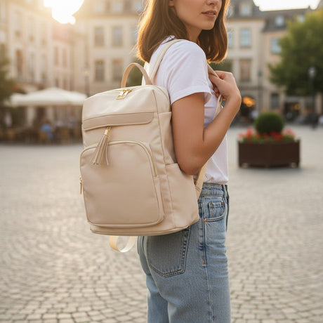 Beige backpack with gold zippers and tassel pull, Jack Gifts Online Lebanon