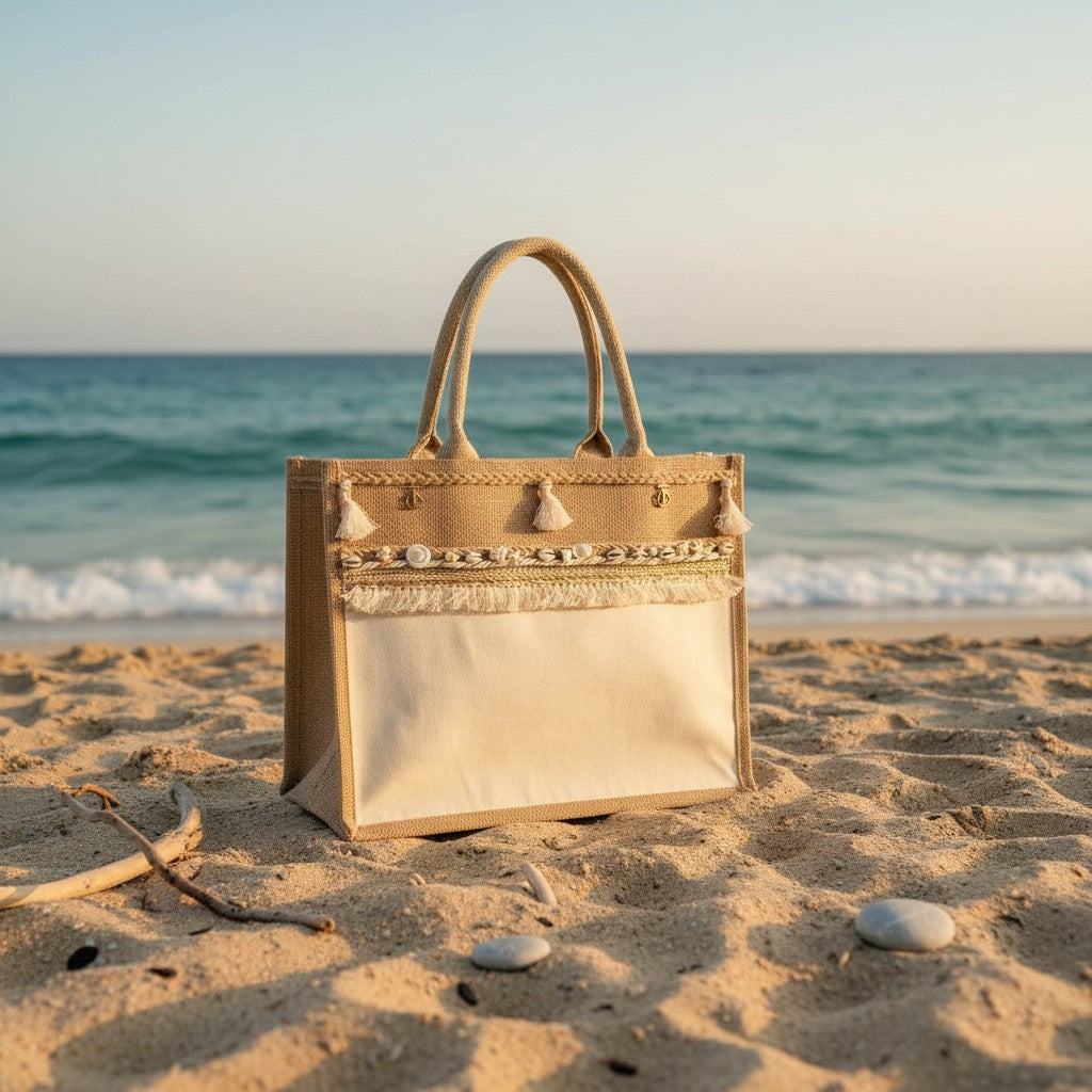 Handmade jute beach tote with cream tassels and shell trim, Jack Gifts Online Lebanon