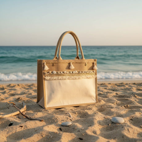 Handmade jute beach tote with cream tassels and shell trim, Jack Gifts Online Lebanon