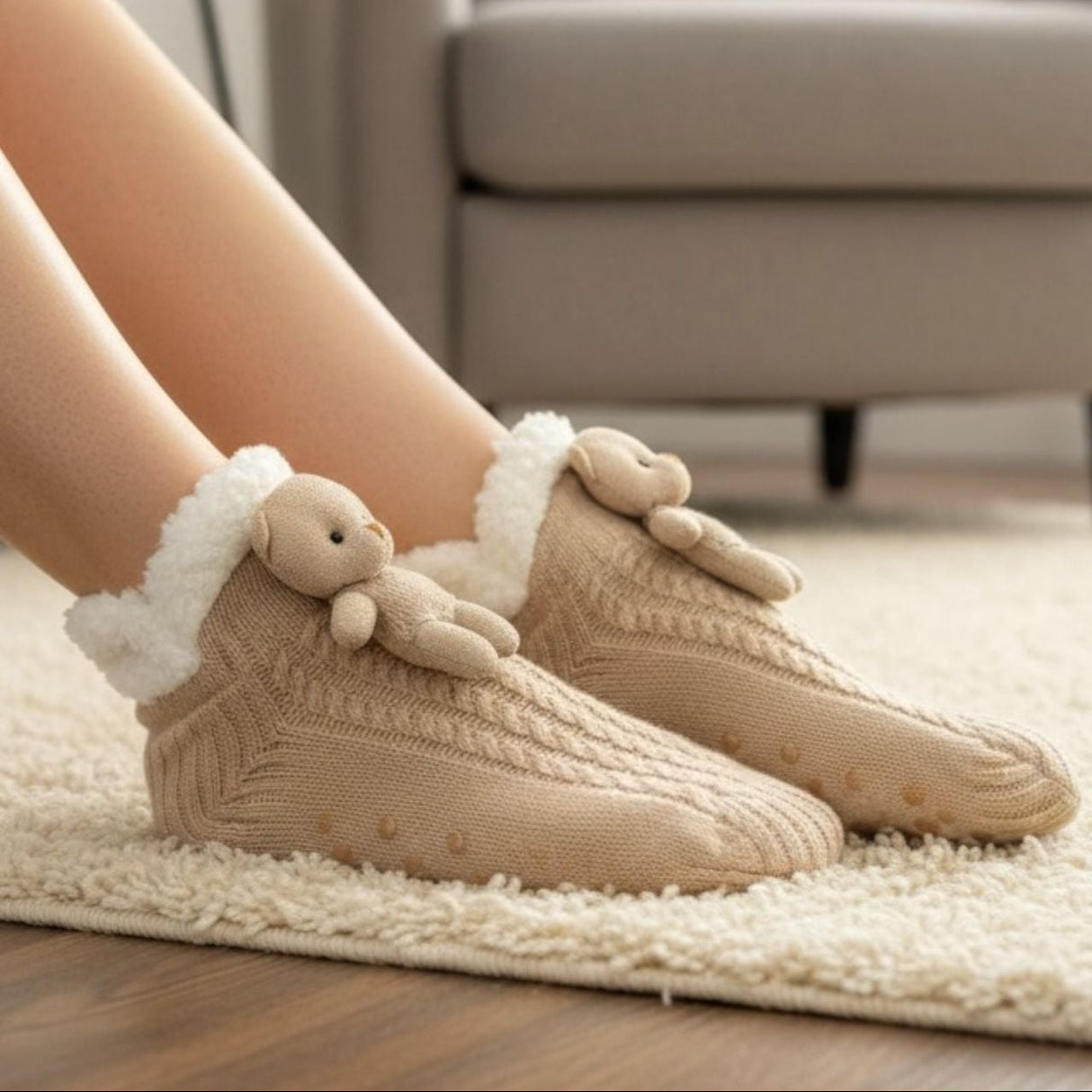 Beige slippers with teddy bear design worn indoors on a carpeted floor.