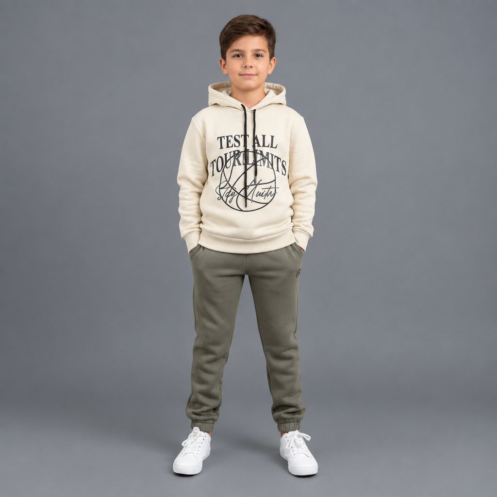 Cream hooded sweatshirt and olive green jogger set shown flat for boys