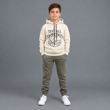 Cream hooded sweatshirt and olive green jogger set shown flat for boys