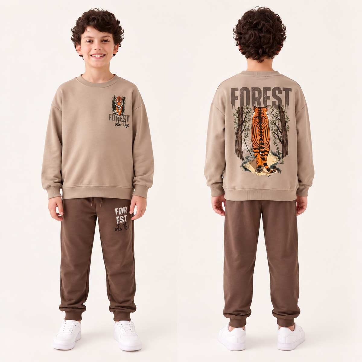 Boy in a beige tiger forest sweatshirt and brown joggers, front and back