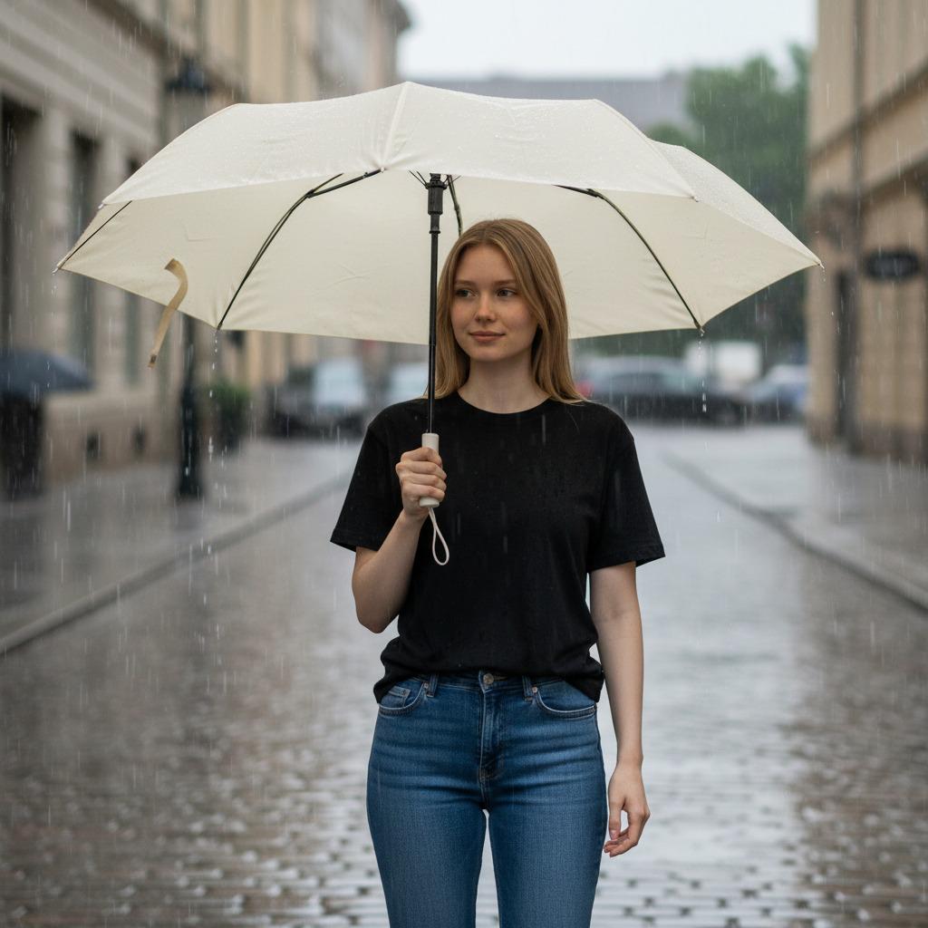 Woman holding a beige umbrella on a rainy street