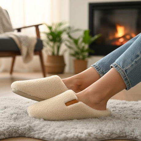 Person wearing beige slippers on a soft surface with a fireplace in the background