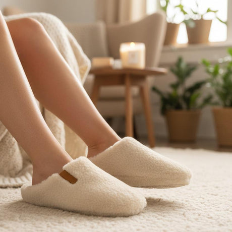 Person wearing white slippers in a cozy living room setting