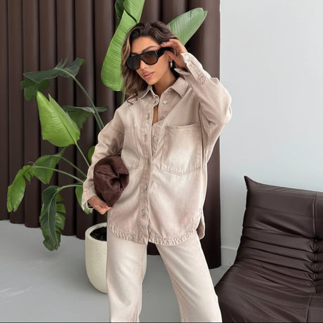 Beige utility jacket front view with button closure and pocket detail