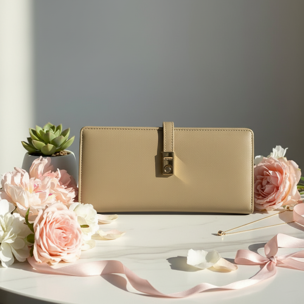 Beige handbag with pink flowers and a plant on a light surface