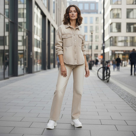 Woman in beige outfit standing on a city street