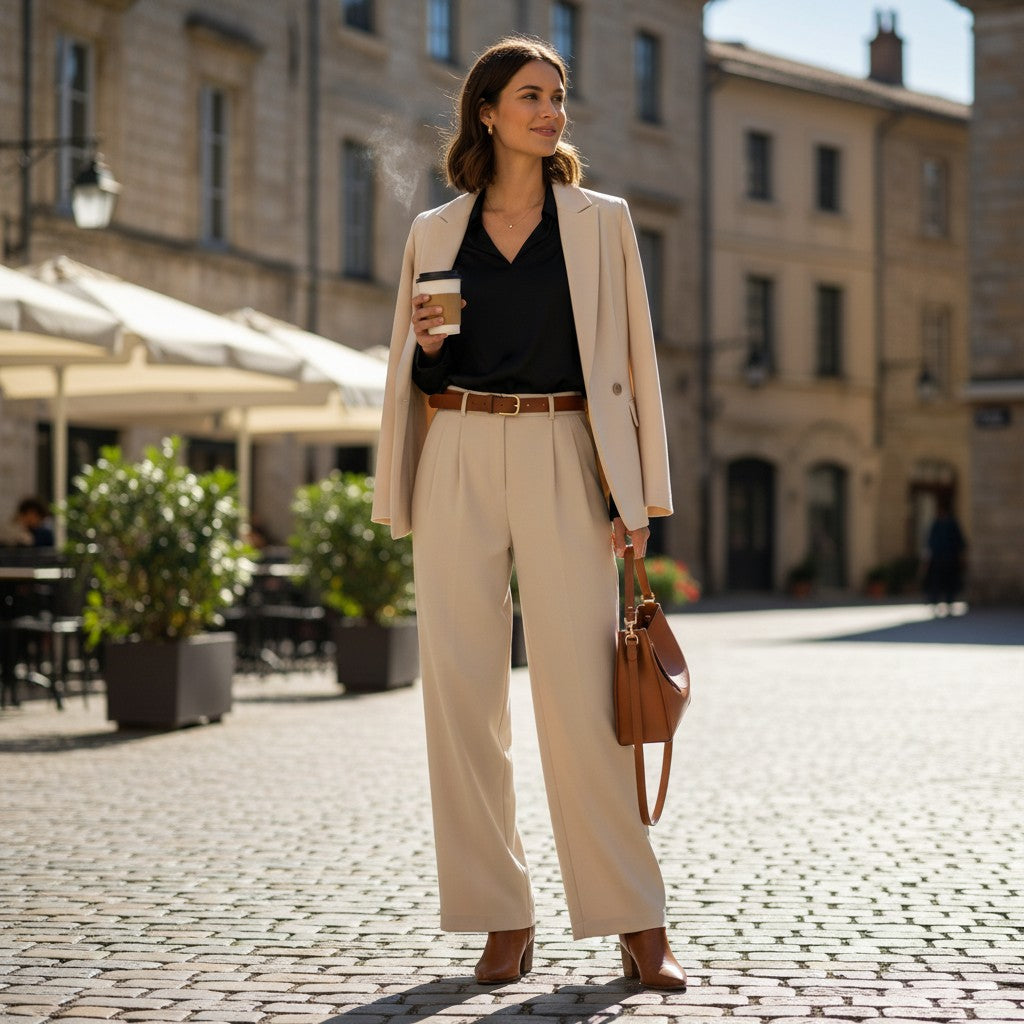 Woman in a beige suit holding a coffee cup on a city street