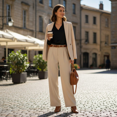 Woman in a beige suit holding a coffee cup on a city street