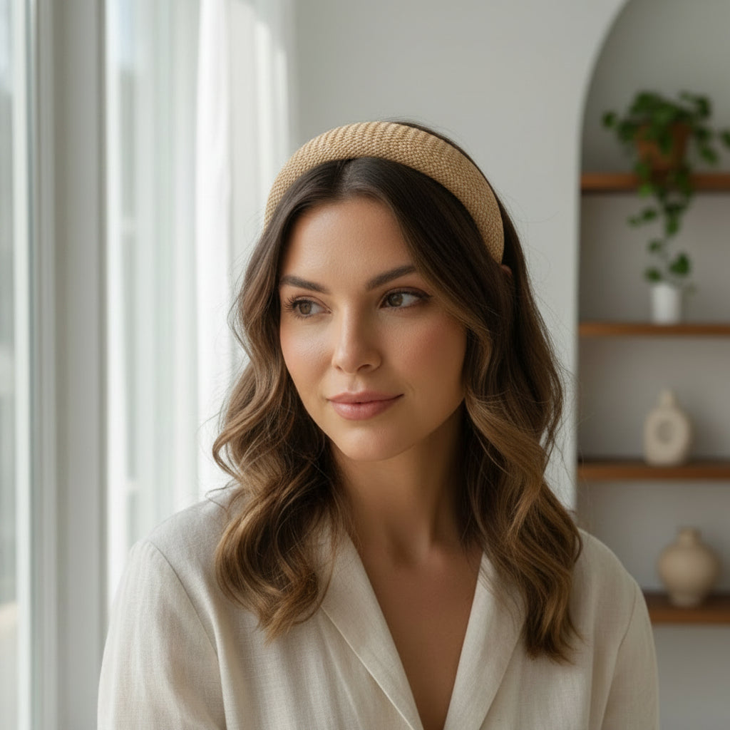 Beige woven headband worn with soft waves, styled indoors by a bright window