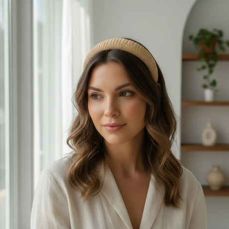 Beige woven headband worn with soft waves, styled indoors by a bright window