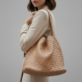 Beige woven shoulder bag with braided pattern