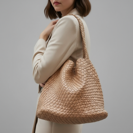 Beige woven shoulder bag with braided pattern