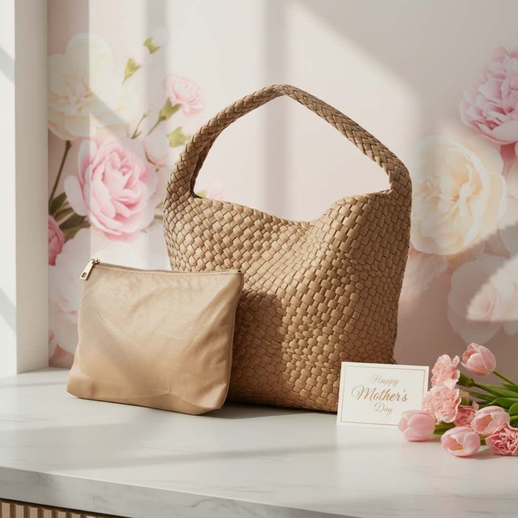 Woven handbag, beige pouch, and a "Happy Mother's Day" card on a surface with floral background
