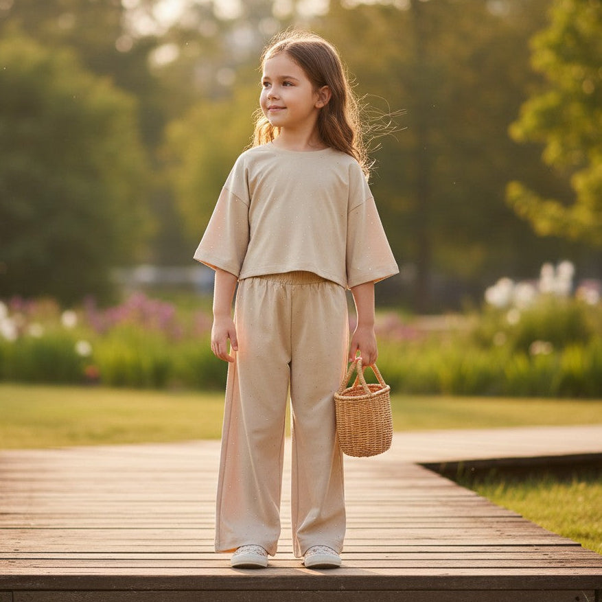 Young girl in beige outfit standing on a wooden platform in a park with trees and flowers in the background.