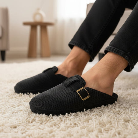 Person wearing black slip-on shoes with a gold buckle on a carpeted floor