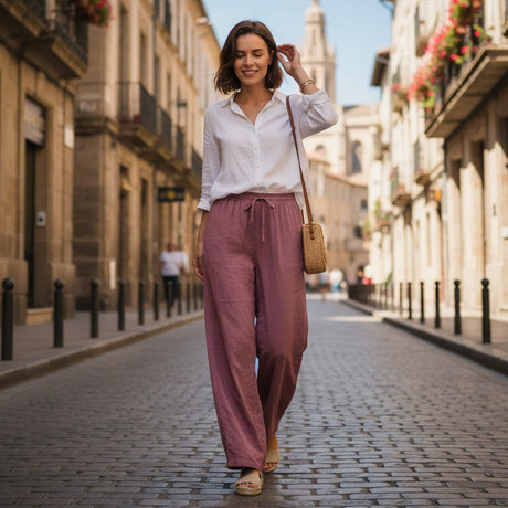 Woman wearing bergundy linen wide pants walking down a sunlit street in an urban setting