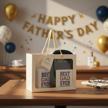 Gift set with 'Best Dad Ever' mugs in a box on a table with Father's Day decorations in the background.