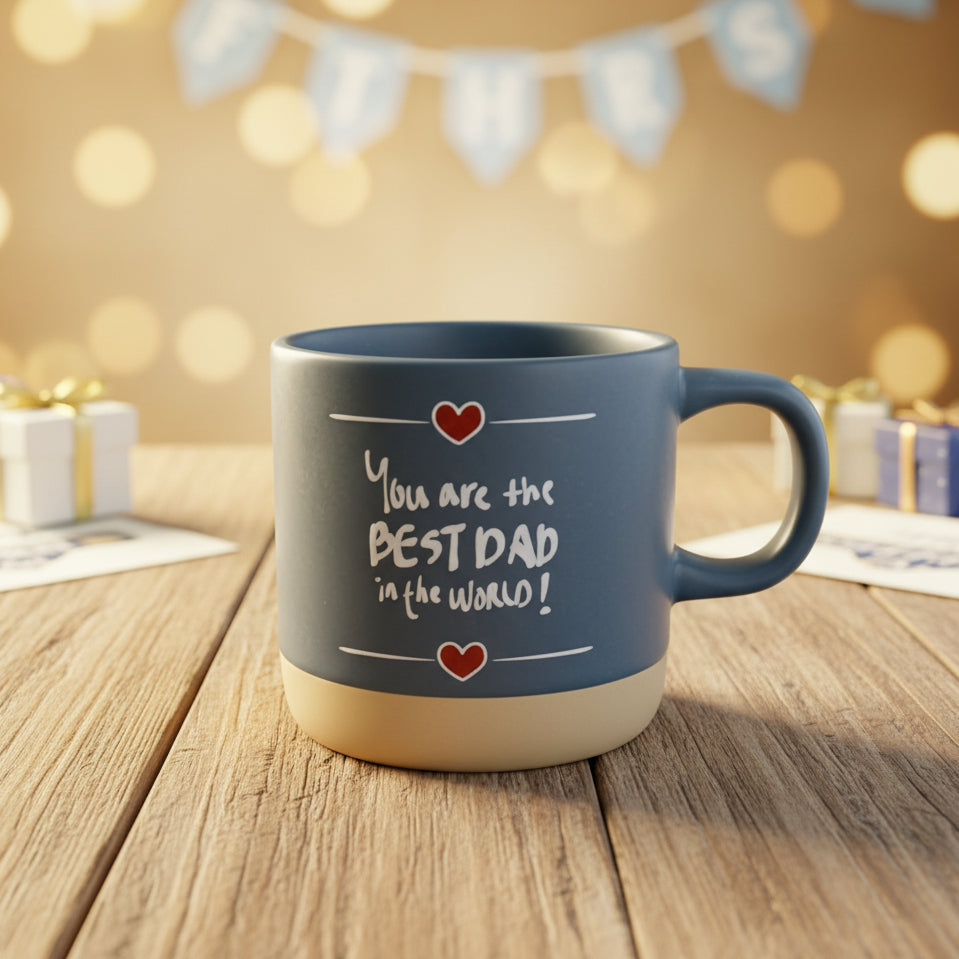 Blue mug with 'You are the best dad in the world!' text on a wooden surface