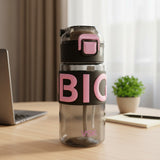 Black 500ml grip water bottle with bright pink lettering