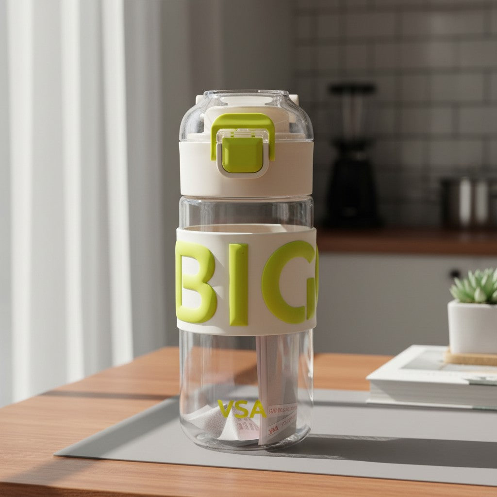 White 500ml grip water bottle with lime green lettering