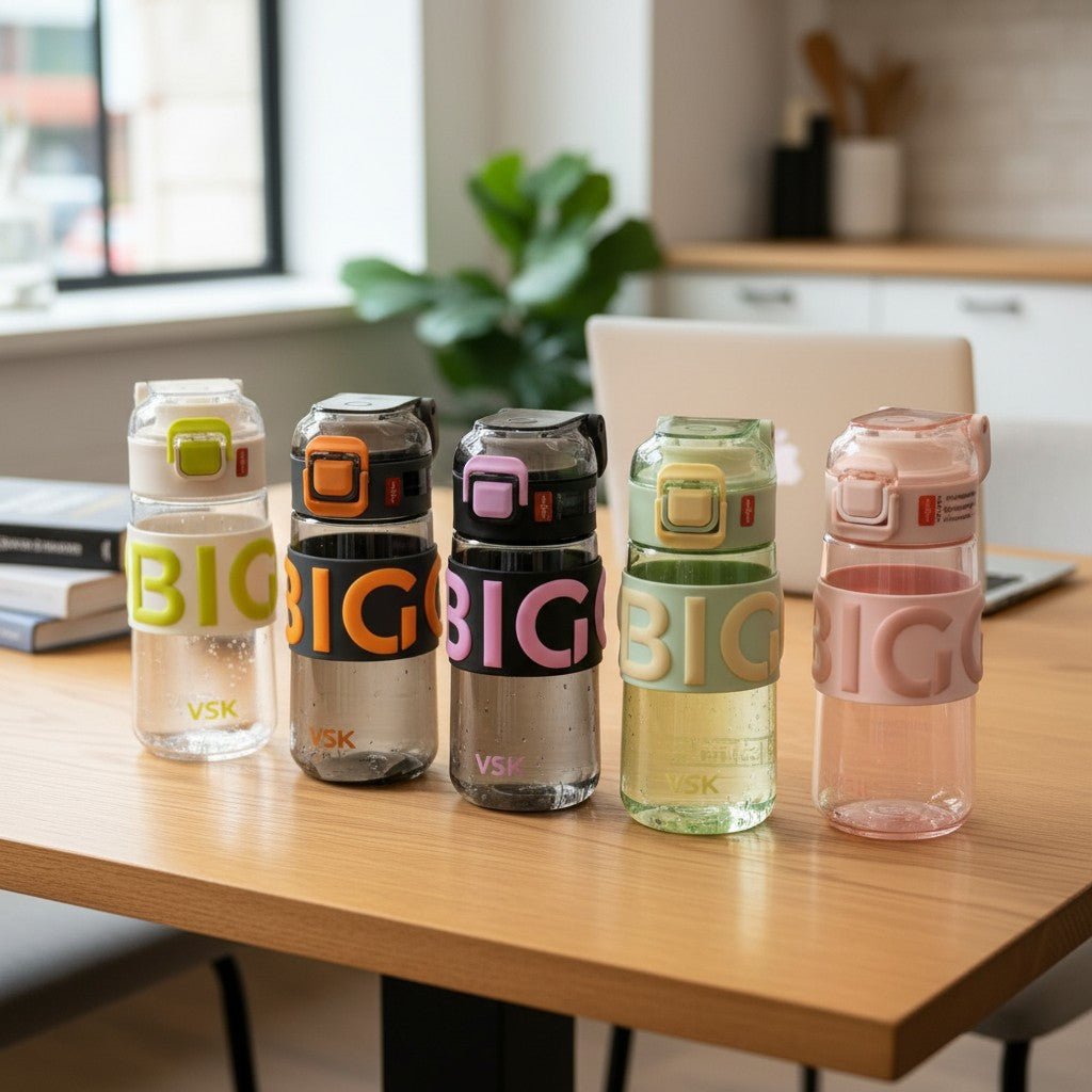 Five colours of 500ml grip water bottles on a desk, Jack Gifts Online Lebanon