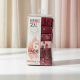 Hanging retail box holding six wine red patterned briefs