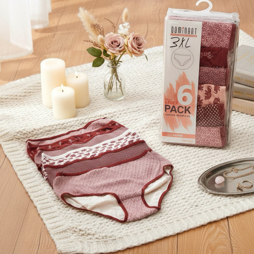 Burgundy and cream print high waist briefs in plus sizes, styled with candles and dried roses