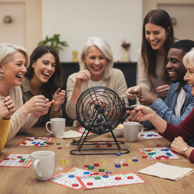 Friends playing bingo around a table with the wire ball cage, lotto cards and marker chips