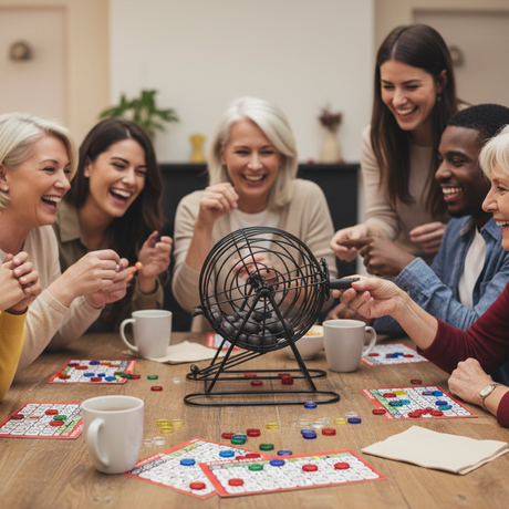 Friends playing bingo around a table with the wire ball cage, lotto cards and marker chips