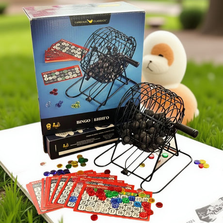 Bingo set with a wire ball cage on a stand, numbered balls, lotto cards and coloured marker chips