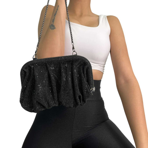 Black Rhinestone Chain Clutch Bag