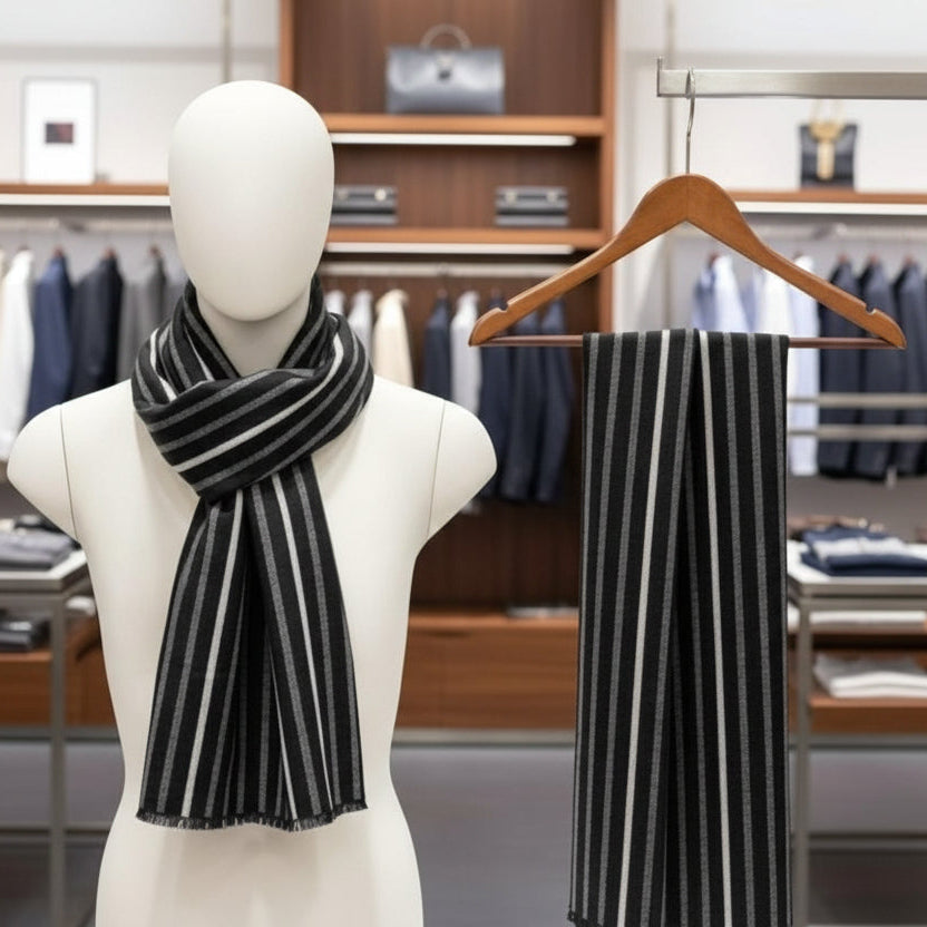 Black and white striped scarf on a mannequin and hanger in a store setting