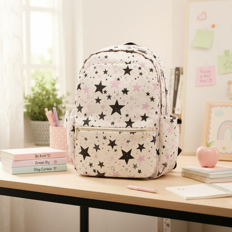 Cream girls school backpack with black and pink star print and gold zip pocket