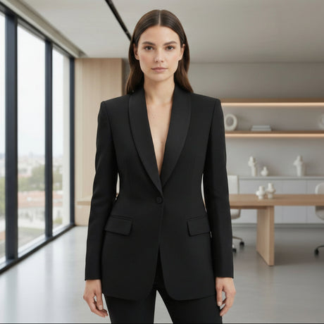 Woman wearing a black suit in an office setting