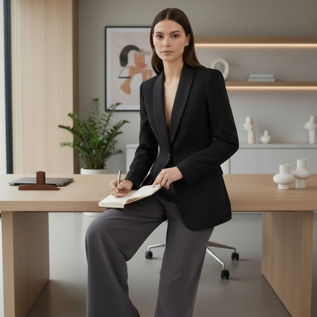 Woman in a black blazer sitting at a desk in an office setting