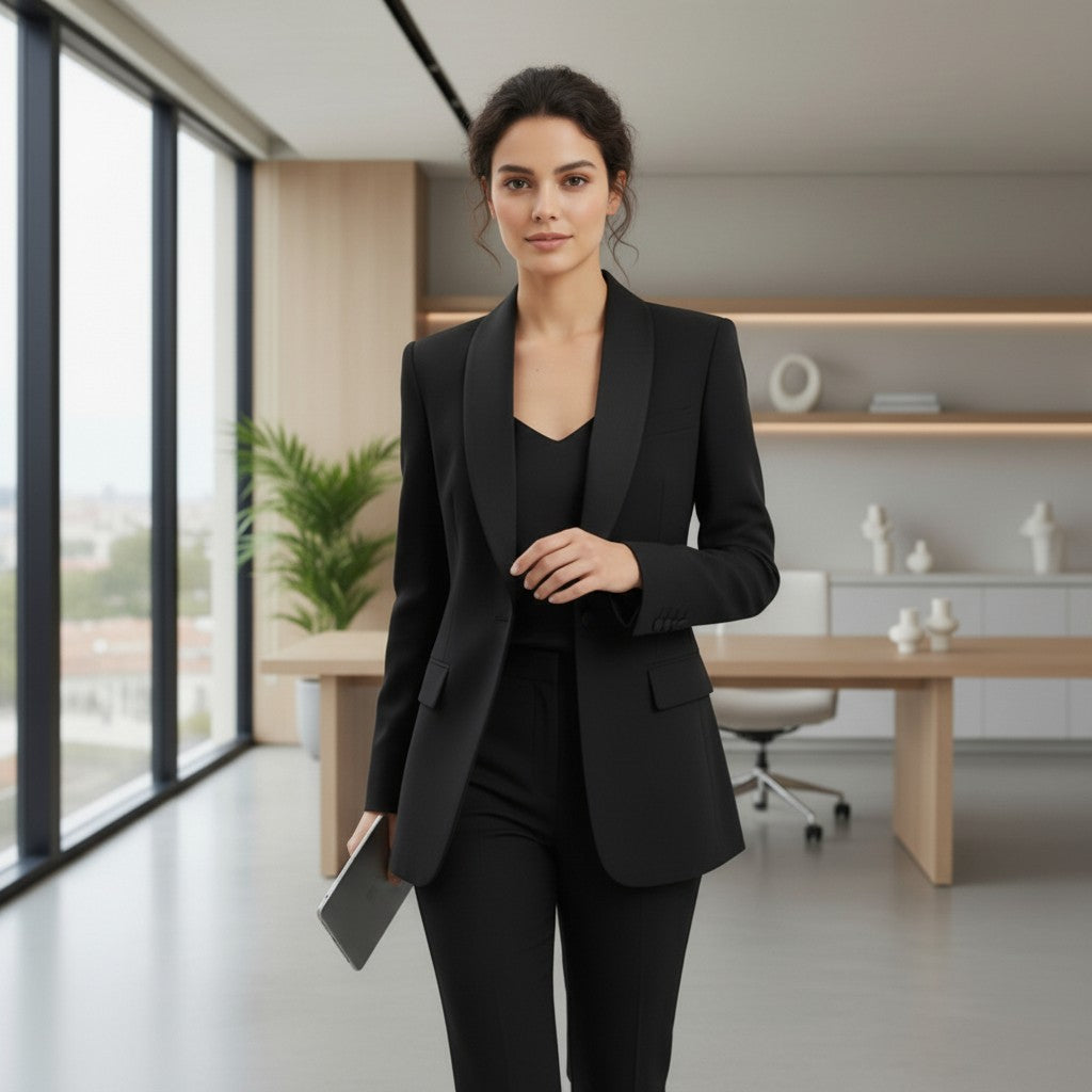 Woman in a black outfit standing in a modern office