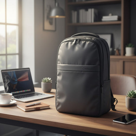 A dark grey backpack sits on a wooden desk in a modern office setting, surrounded by a laptop, coffee cup, notebook, and smartphone