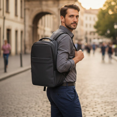 A man wearing a grey long-sleeve shirt and navy trousers walks on a cobblestone street while wearing a black backpack